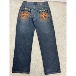 VTG Jinzu Men's 34  Baggy Hip Hop Skater Wide Leg Embroidered Jeans Y2K Grunge